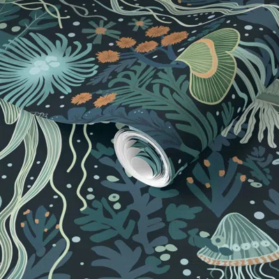 Spoonflower Pre-pasted Wallpaper Large - Jellyfish 2' X 12' Removable In Blue