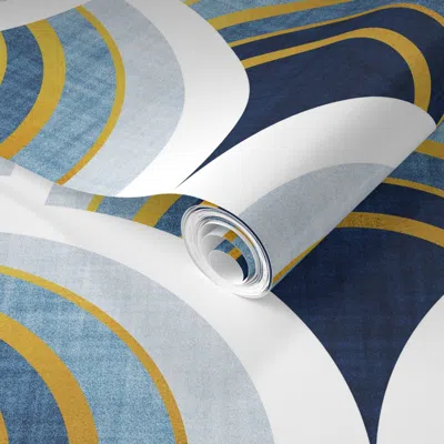 Spoonflower Pre-pasted Wallpaper Large Jumbo Scale / Art Deco Scallop Elegance / Blue Geometric Golden Lines 2' 