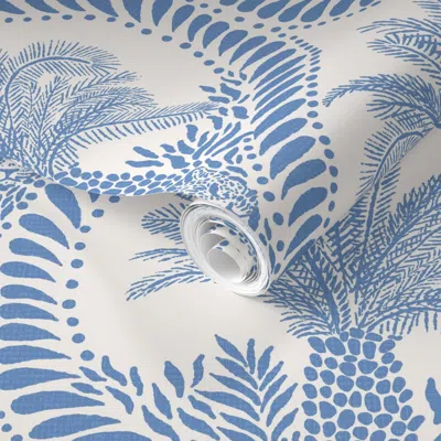 Spoonflower Pre-pasted Wallpaper Large Jungle Cat Palms Soft Blue Block Print Jaguar Leopard  Removable