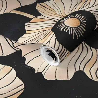Spoonflower Pre-pasted Wallpaper Large Modern Poppy In Black Cream Ochre Gold Batik Style Retro Boho Decor 2' X 