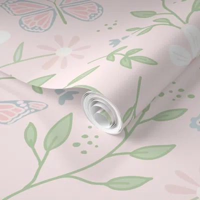 Spoonflower Pre-pasted Wallpaper Large - Modern Tossed Floral - Blush Pink Green - Preppy Girl Floral 2' X 12' R