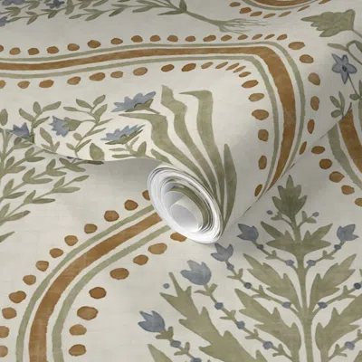 Spoonflower Pre-pasted Wallpaper Large Monticello Dusty Blue Green And Butterscotch On Cream Copy 2' X 12' Remov In White