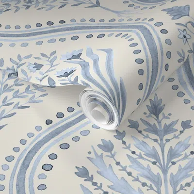 Spoonflower Pre-pasted Wallpaper Large Monticello-new-navy-cream 2' X 12' Removable