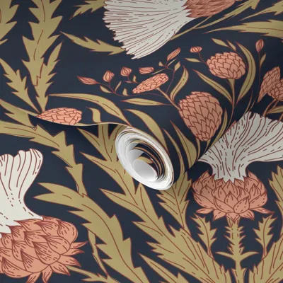 Spoonflower Pre-pasted Wallpaper Large Moody Dark Thistle Dandelion Flowering Weed On Navy Blue Farmhouse 2' X 1