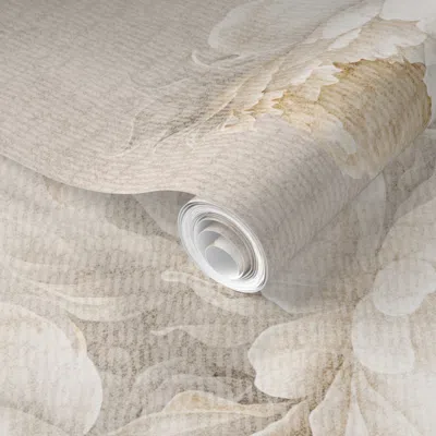 Spoonflower Pre-pasted Wallpaper Large Peonies. Neutral Beige Floral Vintage Home Decor. Boho Flowers 2' X 12' R