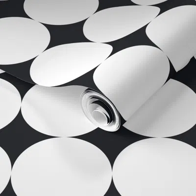 Spoonflower Pre-pasted Wallpaper Large Polka Dot - White On Black Retro Mod Circles 2' X 12' Removable In Multi
