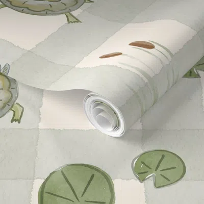 Spoonflower Pre-pasted Wallpaper (large) Pond Friends Gingham - Dusty Green - Watercolor Nursery Turtles 2' X 12