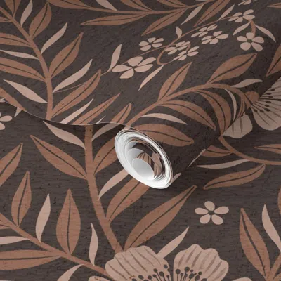 Spoonflower Pre-pasted Wallpaper Large Scale Brown Floral Vine With Vintage Cream Blooms On Dark Texture 2' X 12