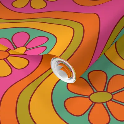 Spoonflower Pre-pasted Wallpaper Large Scale Groovy 60s Flower Pattern - Neon Rainbow 2' X 12' Removable