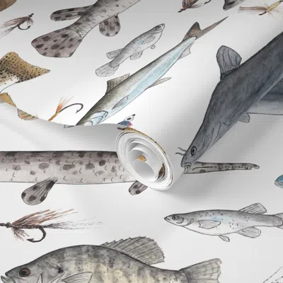 Spoonflower Pre-pasted Wallpaper Large Scale - Hand Painted Watercolor Fish With Flies 2' X 12' Removable