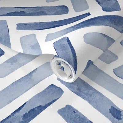 Spoonflower Pre-pasted Wallpaper Large Scale Painterly Watercolor Painted Chevron Herringbone - Inidgo Blue 2' X