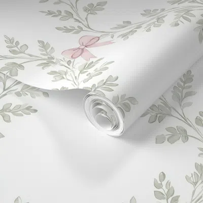Spoonflower Pre-pasted Wallpaper Large Scale Trellis Preppy Flowers Pink Bows Pastel Green Leaves Toile 2' X 12'