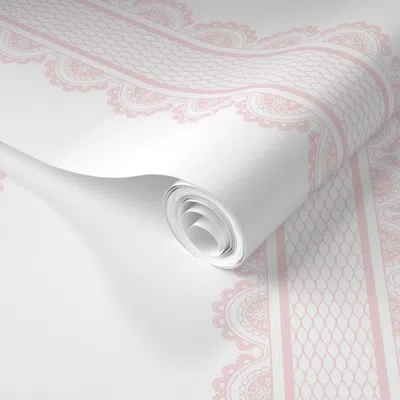 Spoonflower Pre-pasted Wallpaper Large Vertical Scalloped Lace Stripes - Grandma Shabby Chic Pink & White  Remov