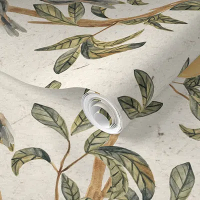 Spoonflower Pre-pasted Wallpaper Large Vintage Orange Tree Green Leaves  Fabric 2' X 12' Removable In Multi