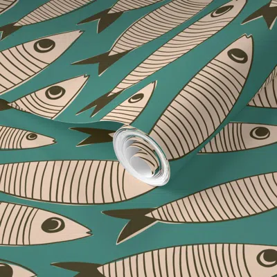 Spoonflower Pre-pasted Wallpaper Large Vintage Sardines - Mid Century Fish Retro Bathroom - Teal Turquoise 2' X 