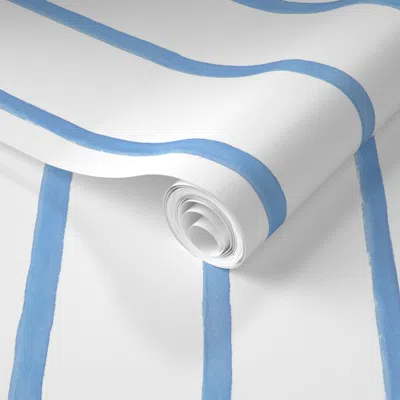 Spoonflower Pre-pasted Wallpaper Large Watercolor Stripe Santorini On White 2' X 12' Removable