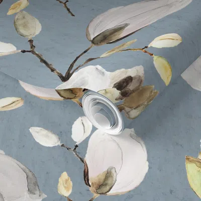 Spoonflower Pre-pasted Wallpaper Large White Flowers On Medium Blue Watercolor Wedding  Fabric  Removable