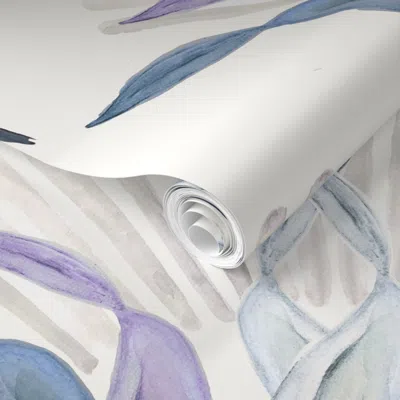 Spoonflower Pre-pasted Wallpaper Large White Lotus Flower Purple Blue Grey Art Deco Watercolor 2' X 12' Removabl