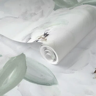 Spoonflower Pre-pasted Wallpaper Large White Peonies Sage Mint Green Leaf Watercolor Grey  Fabric  Removable