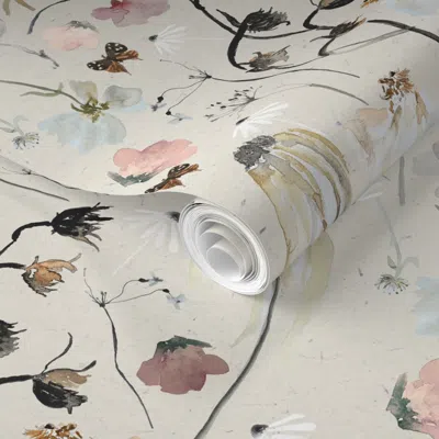 Spoonflower Pre-pasted Wallpaper Large Wildflowers On Beige / Watercolor  Fabric Home Decor Art 2' X 12' Removab In White