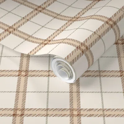 Spoonflower Pre-pasted Wallpaper Large Woodland Hand-drawn Plaid In Tan Green And Rust 2' X 12' Removable