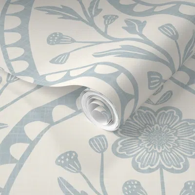 Spoonflower Pre-pasted Wallpaper Large Xl Light Blue Wildflower Damask - Baby Boy Nursery Botanical Boho 2' X 12