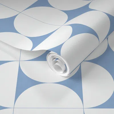 Spoonflower Pre-pasted Wallpaper Large-abstract Half Moons And Circles In White On Soft Blue  Removable