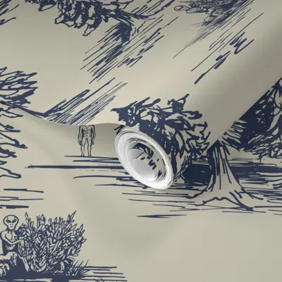 Spoonflower Pre-pasted Wallpaper Large-scale Alien Abduction Toile De Jouy Pattern In Blue 2' X 12' Removable
