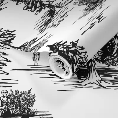Spoonflower Pre-pasted Wallpaper Large-scale Black & White Alien Abduction Toile De Jouy 2' X 12' Removable In Multi