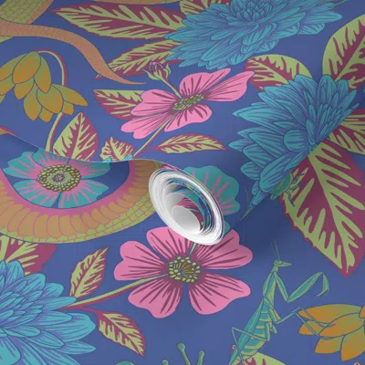 Spoonflower Pre-pasted Wallpaper Large-scale Dahlias/frogs/snakes/praying Mantis In Blue/pink/green 2' X 12' Rem