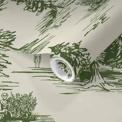 Spoonflower Pre-pasted Wallpaper Large-scale Green Alien Abduction Tiole De Jouy Pattern 2' X 12' Removable