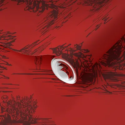Spoonflower Pre-pasted Wallpaper Large-scale Red/red Alien Abduction Toile De Jouy 2' X 12' Removable