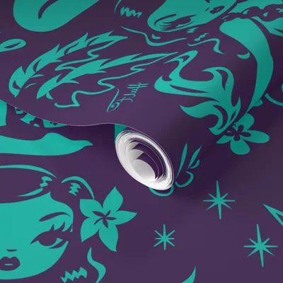 Spoonflower Pre-pasted Wallpaper Large-tiki Temptress-teal-purple 2' X 12' Removable In Multi