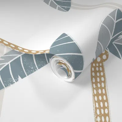 Spoonflower Pre-pasted Wallpaper Large-tropical Palm Tree Stripes-golden Blue 2' X 12' Removable