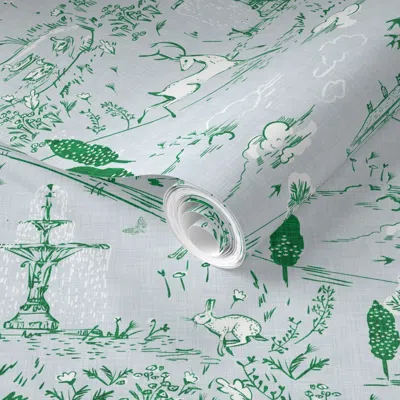 Spoonflower Pre-pasted Wallpaper Le Parc Toile (emerald) Med 2' X 12' Removable In Multi