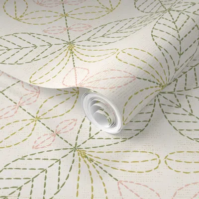 Spoonflower Pre-pasted Wallpaper Leaf Botanical Embroidery Stitching (green/pink)  Removable In White