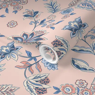 Spoonflower Pre-pasted Wallpaper Leafy Sarasa Light Pink Jumbo 48in Rpt  Removable