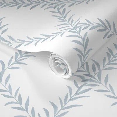 Spoonflower Pre-pasted Wallpaper Leafy Trellis Emma Light Blue On White Copy 2' X 12' Removable