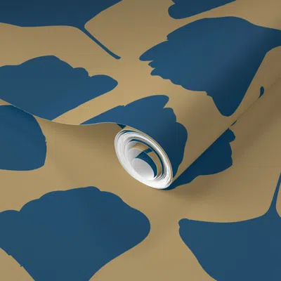 Spoonflower Pre-pasted Wallpaper Leaves In Gold And Blue  Removable