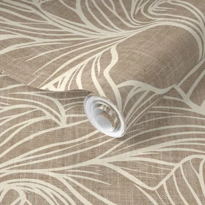 Spoonflower Pre-pasted Wallpaper Leaves Woodblock Print 01 Tan Large 2' X 12' Removable
