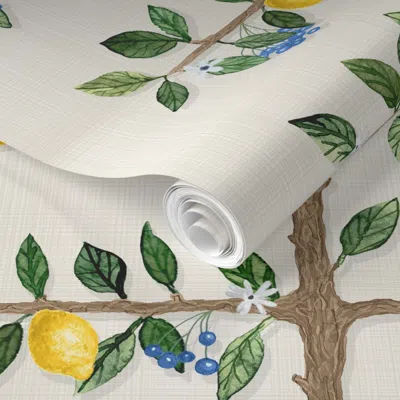 Spoonflower Pre-pasted Wallpaper Lemon Espalier Branch Cream Background  Removable In Green