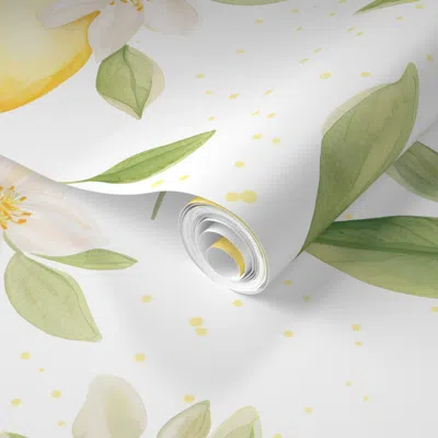 Spoonflower Pre-pasted Wallpaper Lemon White Xl Watercolor Lemons And Lemon Blossoms Yellow Tinged 2' X 12' Remo