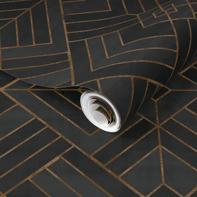 Spoonflower Pre-pasted Wallpaper Lennox Vintage Deco Geo - Black & Copper 2' X 12' Removable