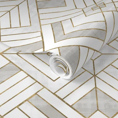 Spoonflower Pre-pasted Wallpaper Lennox Vintage Deco-white Gold 2' X 12' Removable In Multi