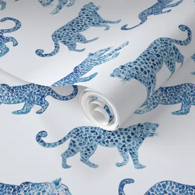 Spoonflower Pre-pasted Wallpaper Leopard Parade Blue On White 2' X 12' Removable