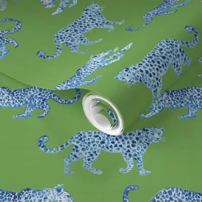 Spoonflower Pre-pasted Wallpaper Leopard Parade Blue On Wild Lime  Removable In Green
