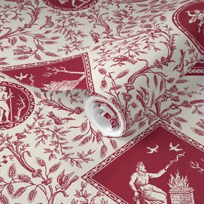 Spoonflower Pre-pasted Wallpaper Les Oiseaux Toile 1a 2' X 12' Removable In Red