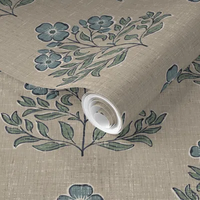 Spoonflower Pre-pasted Wallpaper Lettie Vintage Block Print Floral In Mushroom Greige And Slate Blue (large) 2' 