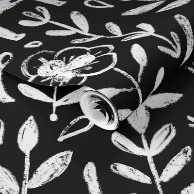 Spoonflower Pre-pasted Wallpaper Life Is Better With A Cat. Black And White Floral Kitties And Flowers. Pet 2' X In Multi