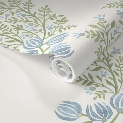 Spoonflower Pre-pasted Wallpaper Light Olive And Blues On Cream Emma Floral Toss 2' X 12' Removable